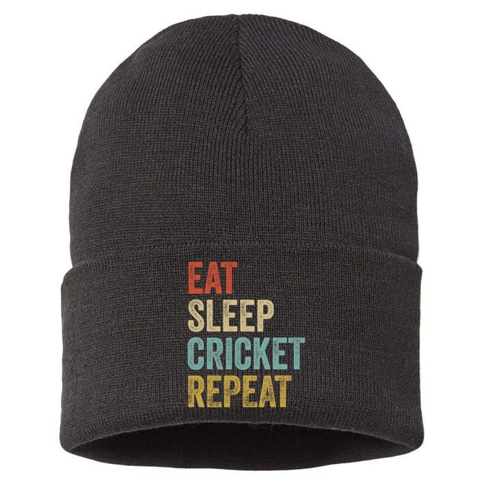 Eat Sleep Cricket Repeat Cricketers Bowlers Sports Vintage Sustainable Knit Beanie