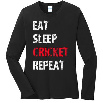 Eat Sleep Cricket Repeat Funny Cricket Sports Fans Ladies Long Sleeve Shirt