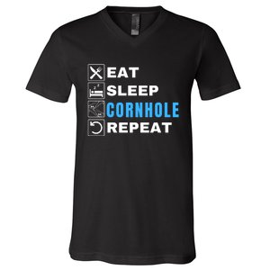 Eat Sleep Cornhole Repeat, Funny Corn Hole Team Lawn Game V-Neck T-Shirt