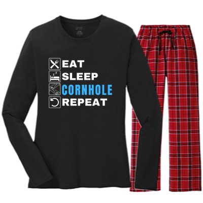 Eat Sleep Cornhole Repeat, Funny Corn Hole Team Lawn Game Women's Long Sleeve Flannel Pajama Set 