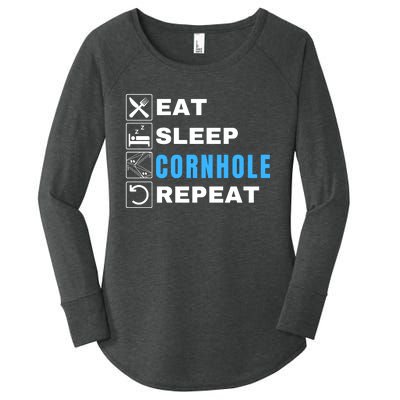 Eat Sleep Cornhole Repeat, Funny Corn Hole Team Lawn Game Women's Perfect Tri Tunic Long Sleeve Shirt