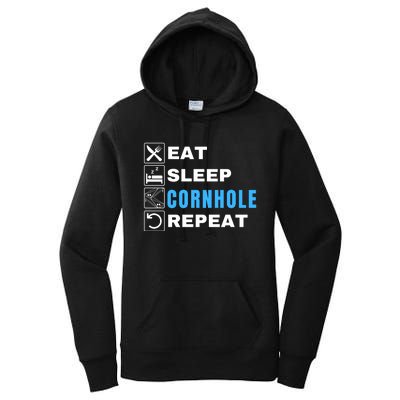 Eat Sleep Cornhole Repeat, Funny Corn Hole Team Lawn Game Women's Pullover Hoodie