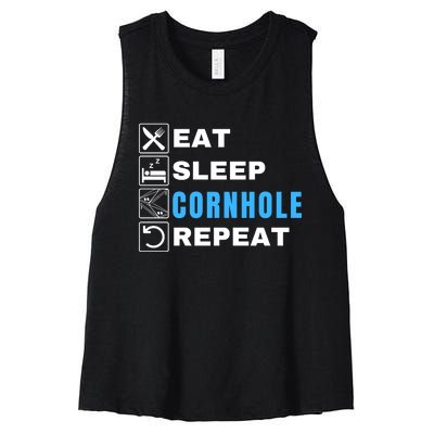 Eat Sleep Cornhole Repeat, Funny Corn Hole Team Lawn Game Women's Racerback Cropped Tank