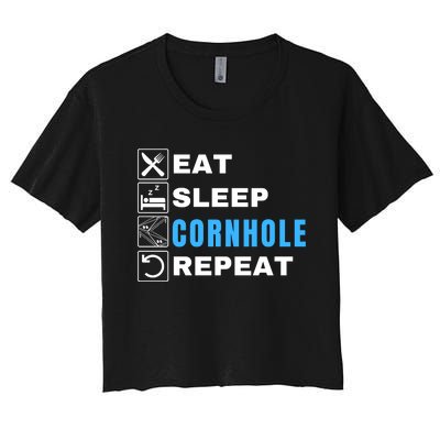 Eat Sleep Cornhole Repeat, Funny Corn Hole Team Lawn Game Women's Crop Top Tee