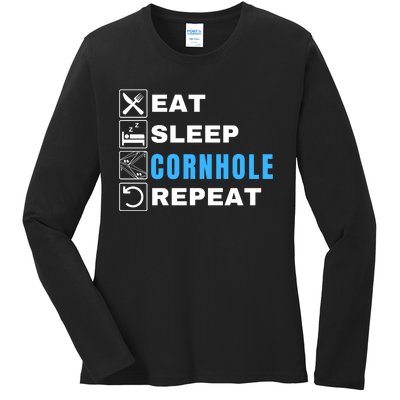 Eat Sleep Cornhole Repeat, Funny Corn Hole Team Lawn Game Ladies Long Sleeve Shirt