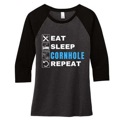 Eat Sleep Cornhole Repeat, Funny Corn Hole Team Lawn Game Women's Tri-Blend 3/4-Sleeve Raglan Shirt