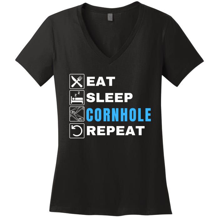 Eat Sleep Cornhole Repeat, Funny Corn Hole Team Lawn Game Women's V-Neck T-Shirt