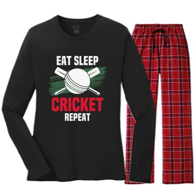 Eat Sleep Cricket Repeat Field Sports Cricketer Player Women's Long Sleeve Flannel Pajama Set 