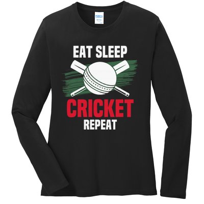 Eat Sleep Cricket Repeat Field Sports Cricketer Player Ladies Long Sleeve Shirt