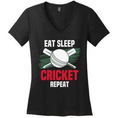 Eat Sleep Cricket Repeat Field Sports Cricketer Player Women's V-Neck T-Shirt