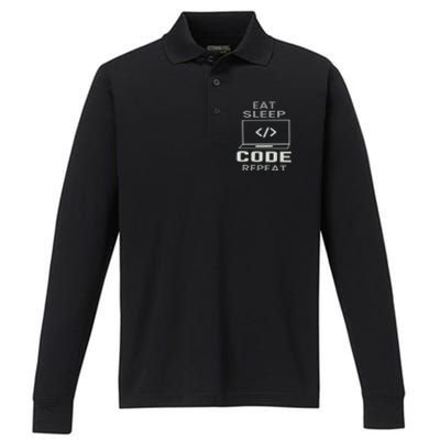 Eat Sleep Code Repeat Programmer Software Developer Coder Gift Performance Long Sleeve Polo