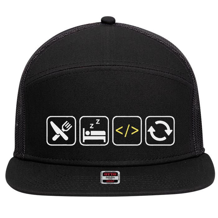Eat Sleep Code Repeat Funny Humor For Coders & Programmers 7 Panel Mesh Trucker Snapback Hat