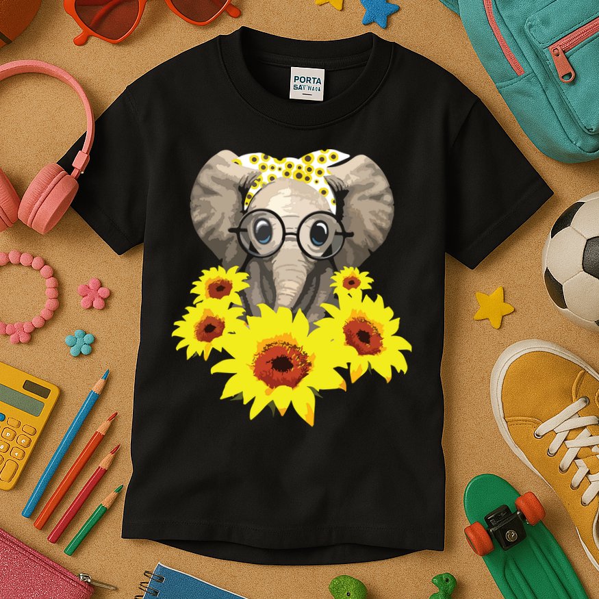 Elephant Sunflower Cute Elephant Love Sunflower Kids T-Shirt