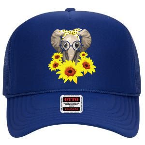 Elephant Sunflower Cute Elephant Love Sunflower High Crown Mesh Back Trucker Hat