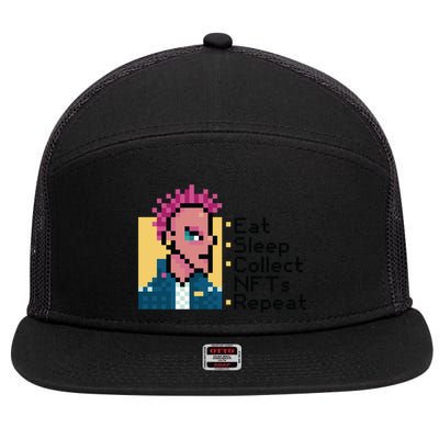 Eat Sleep Collect Nfts Repeat Pixel 7 Panel Mesh Trucker Snapback Hat