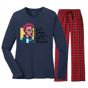 Eat Sleep Collect Nfts Repeat Pixel Women's Long Sleeve Flannel Pajama Set 