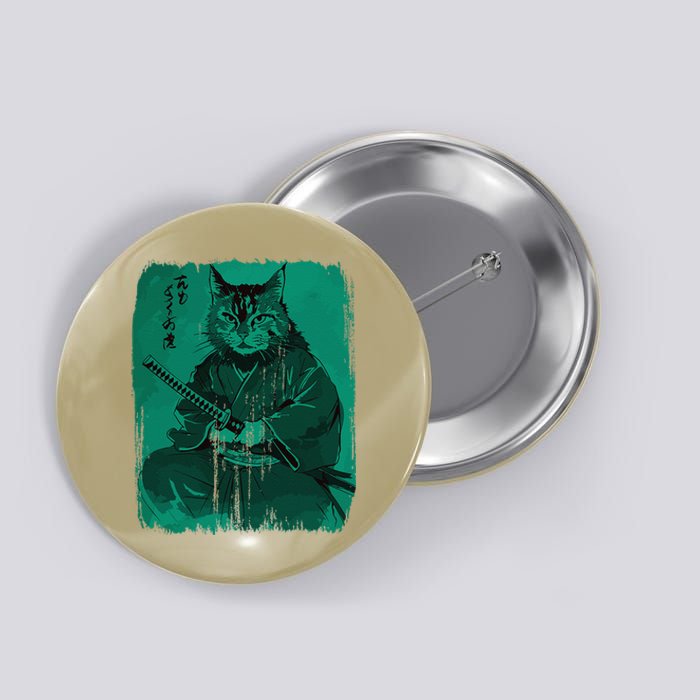 Epic Samurai Cat Warrior Ukiyo Ink Anime Vintage Art Style Button