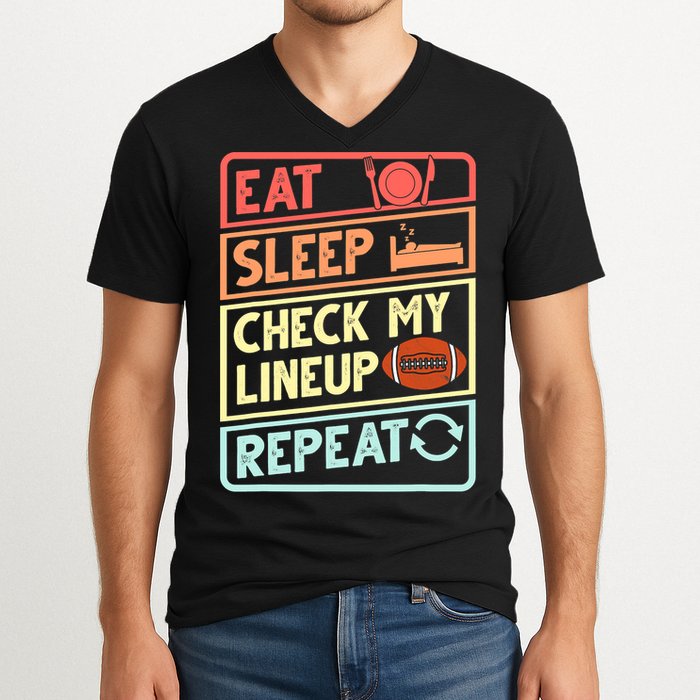Eat Sleep Check My Lineup Repeat Retro Fantasy Football V-Neck T-Shirt
