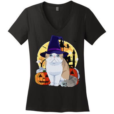Exotic Shorthair Cute Cat Halloween Witch Pumpkin Women's V-Neck T-Shirt