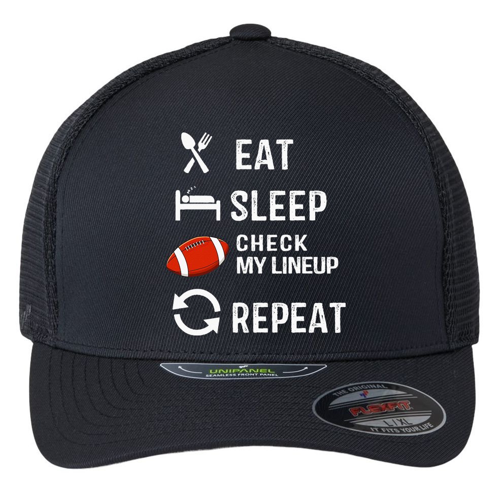 Eat Sleep Check My Lineup Repeat Retro Fantasy Football Flexfit Unipanel Trucker Cap