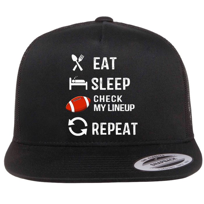 Eat Sleep Check My Lineup Repeat Retro Fantasy Football Flat Bill Trucker Hat