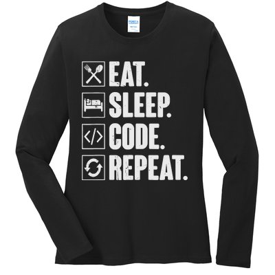 Eat Sleep Code Repeat Funny Coding Coder Programmer Ladies Long Sleeve Shirt