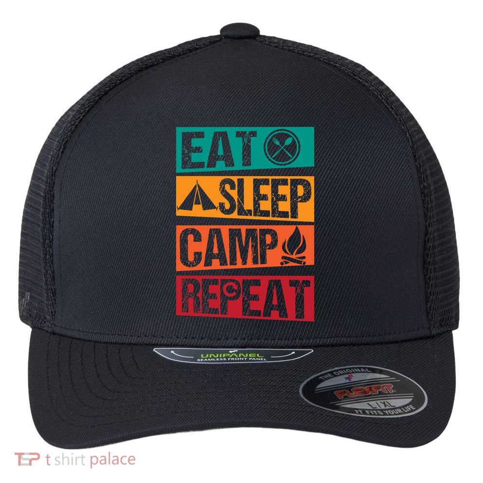 Eat Sleep Camp Repeat Funny Camping Vintage Retro Flexfit Unipanel Trucker Cap