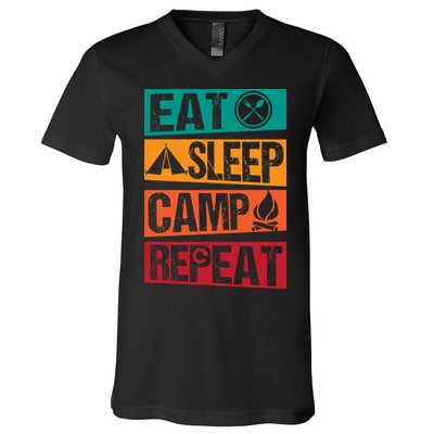 Eat Sleep Camp Repeat Funny Camping Vintage Retro V-Neck T-Shirt