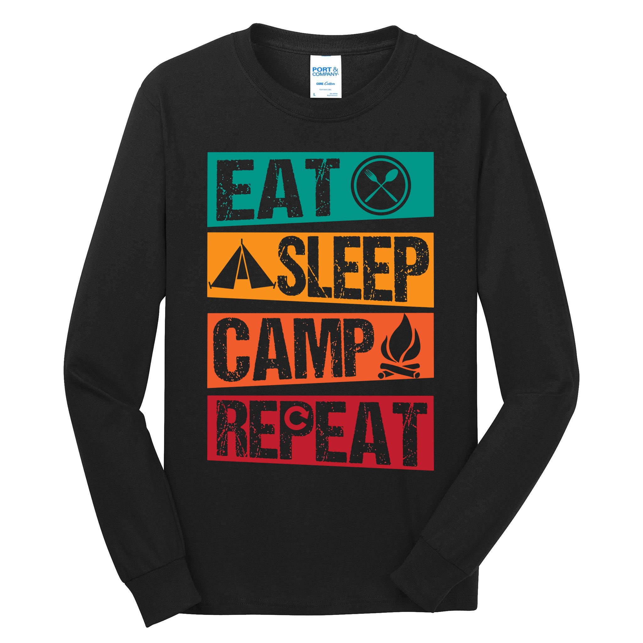 Eat Sleep Camp Repeat Funny Camping Vintage Retro Tall Long Sleeve T-Shirt