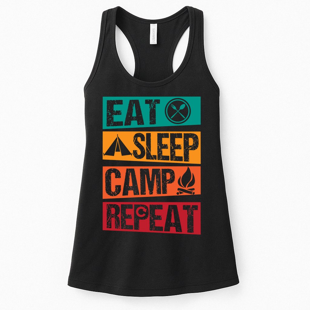 Eat Sleep Camp Repeat Funny Camping Vintage Retro Womens Tank Top