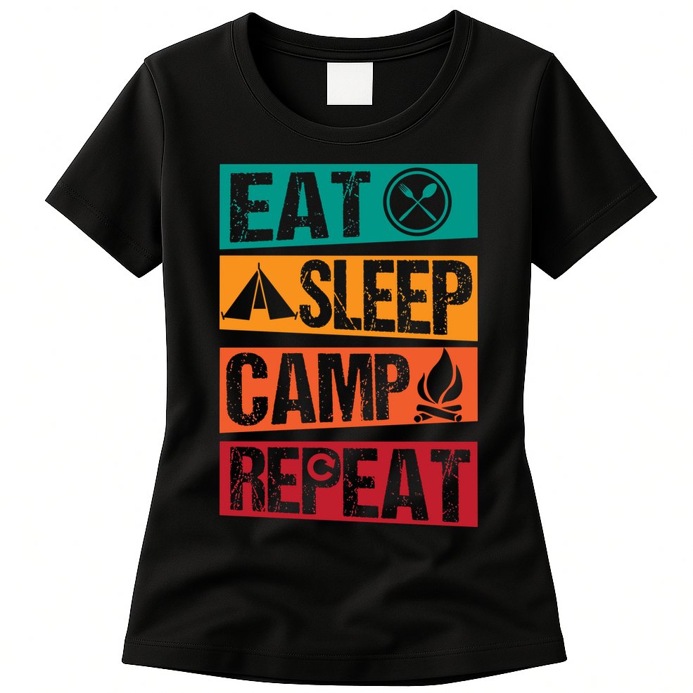 Eat Sleep Camp Repeat Funny Camping Vintage Retro Womens T-Shirt