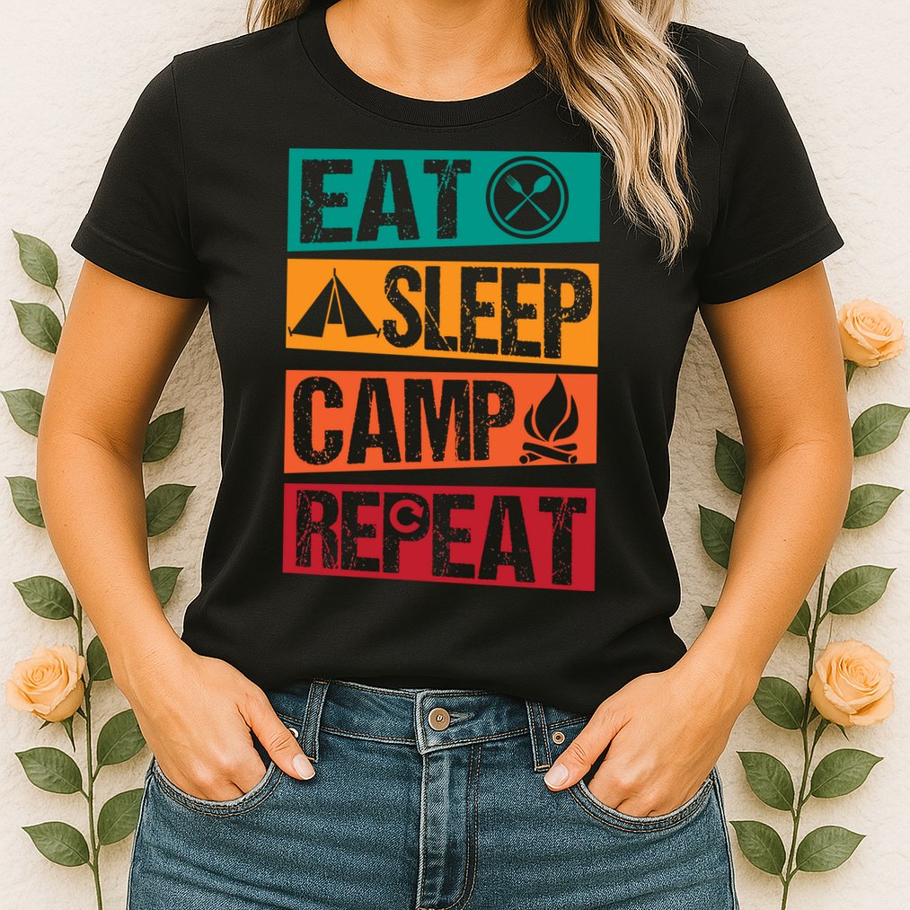 Eat Sleep Camp Repeat Funny Camping Vintage Retro Womens T-Shirt