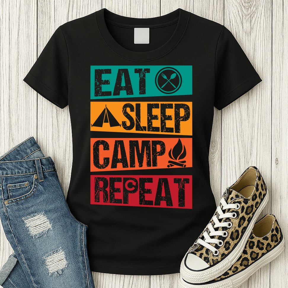 Eat Sleep Camp Repeat Funny Camping Vintage Retro Womens T-Shirt
