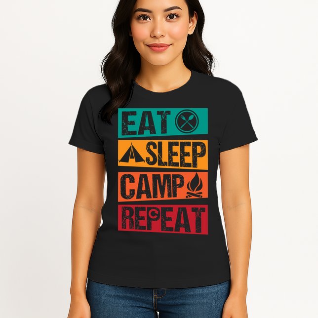 Eat Sleep Camp Repeat Funny Camping Vintage Retro Womens T-Shirt