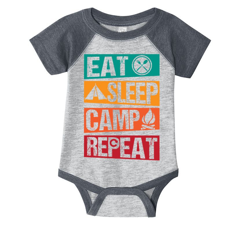 Eat Sleep Camp Repeat Funny Camping Vintage Retro Infant Baby Jersey Bodysuit