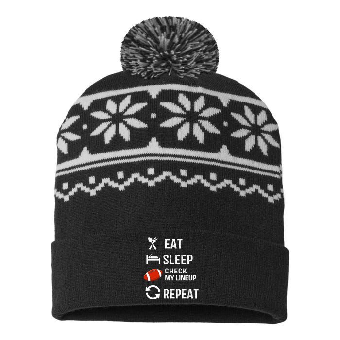 Eat Sleep Check My Lineup Repeat Retro Fantasy Football USA-Made Snowflake Beanie