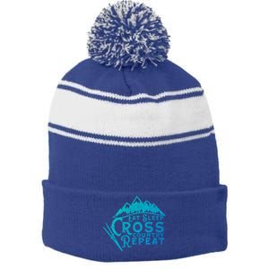 Eat Sleep Cross Country Repeat Xc Skiing CrossCountry Ski Gift Stripe Pom Pom Beanie