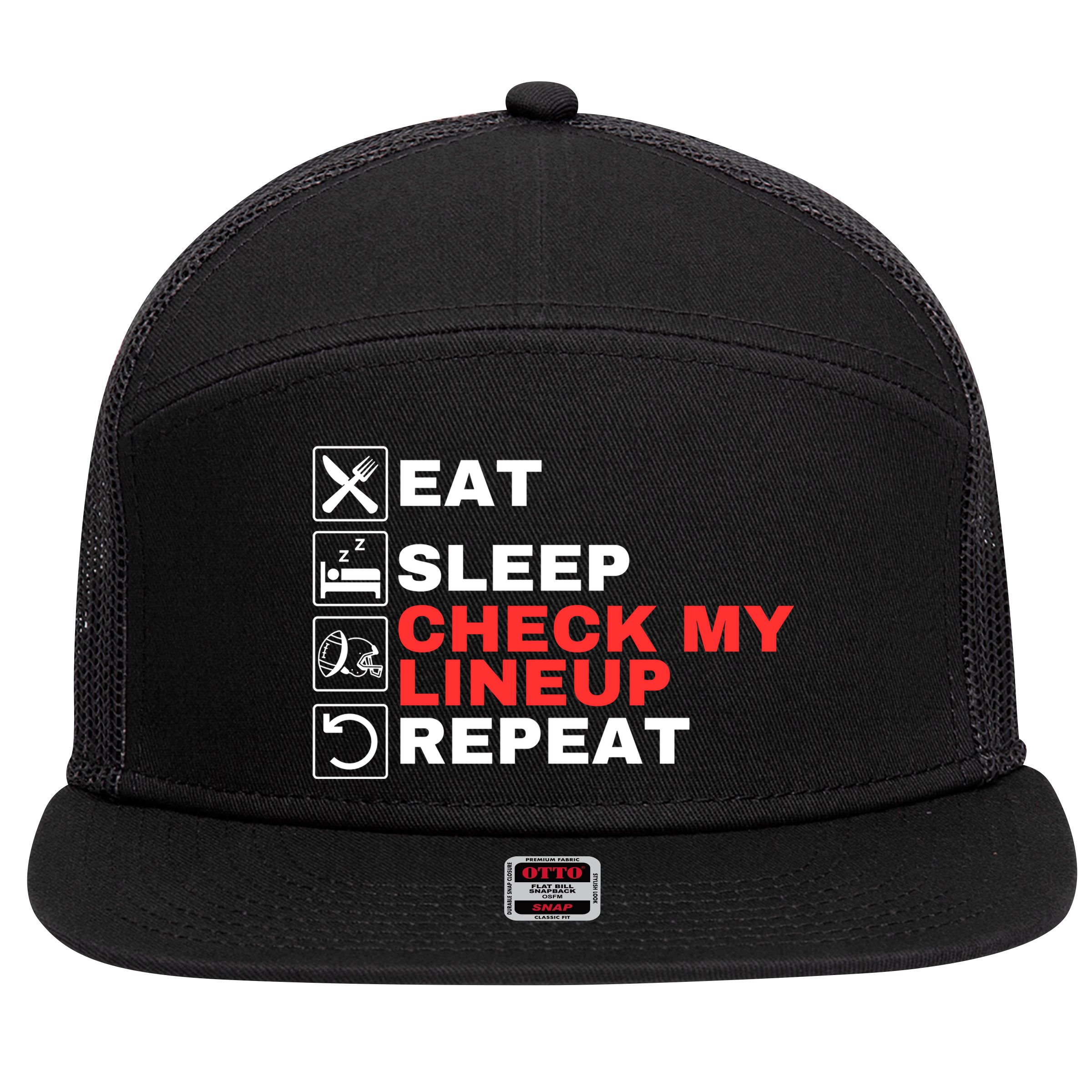 Eat Sleep Check My Lineup Repeat Fantasy Football Design Fantasy Football Guru 7 Panel Mesh Trucker Snapback Hat