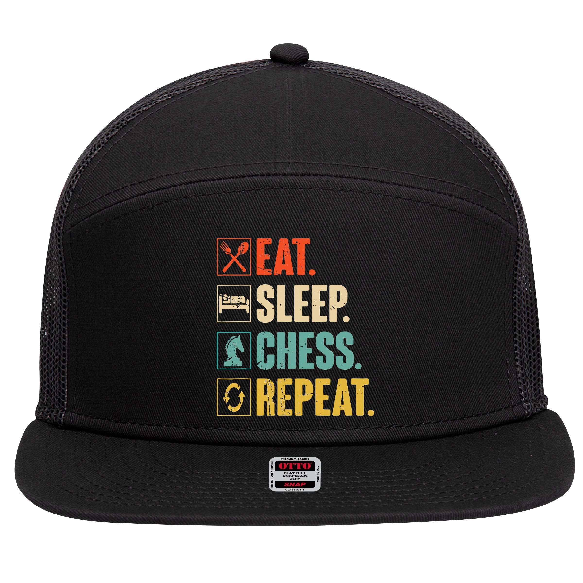 Eat Sleep Chess Repeat Funny Retro Vintage Chess Gift 7 Panel Mesh Trucker Snapback Hat