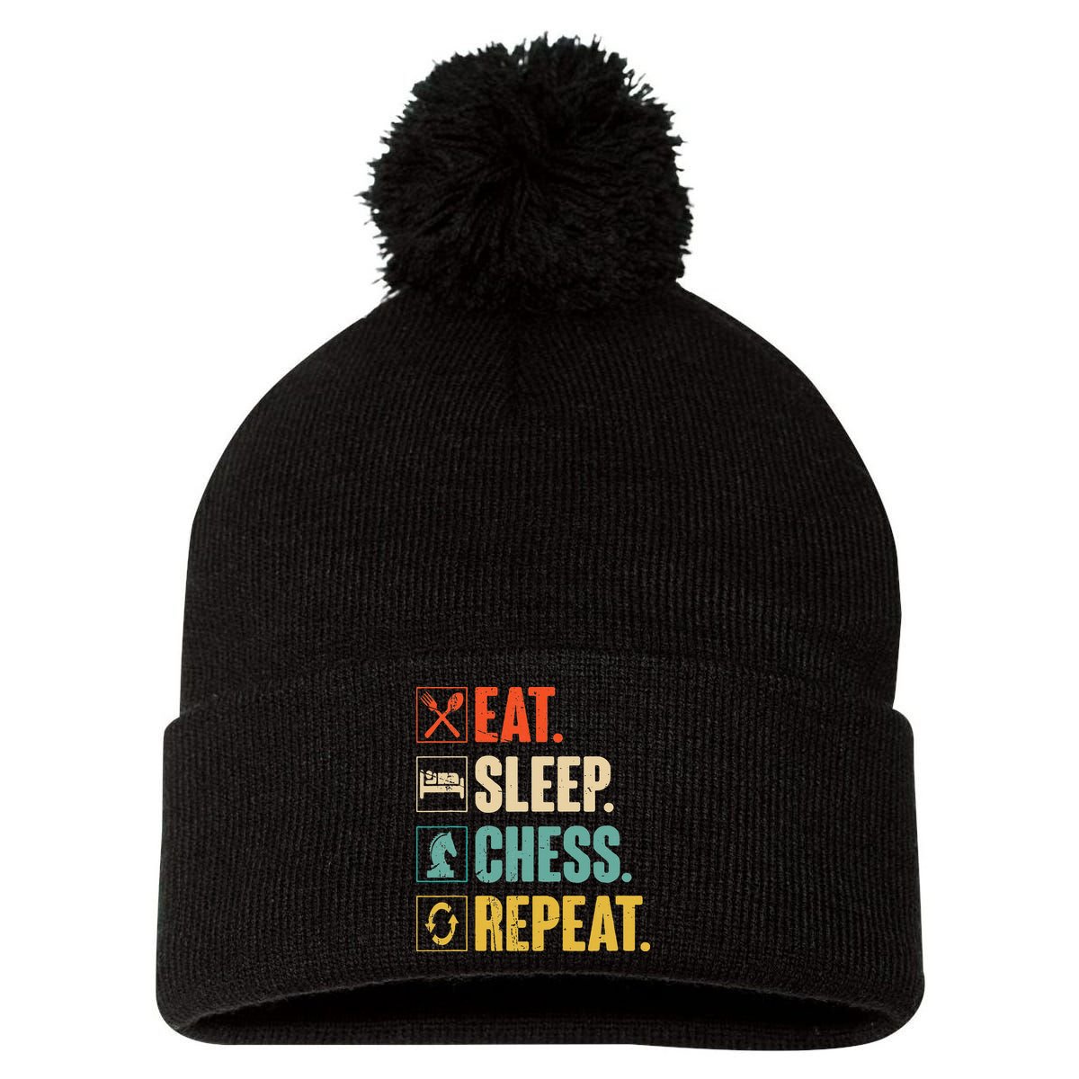 Eat Sleep Chess Repeat Funny Retro Vintage Chess Gift Pom Pom 12in Knit Beanie