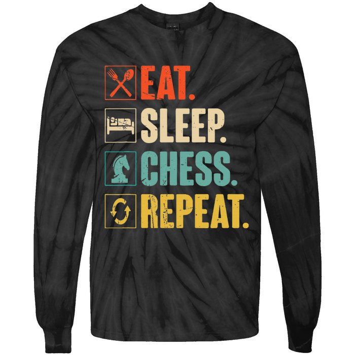 Eat Sleep Chess Repeat Funny Retro Vintage Chess Gift Tie-Dye Long Sleeve Shirt