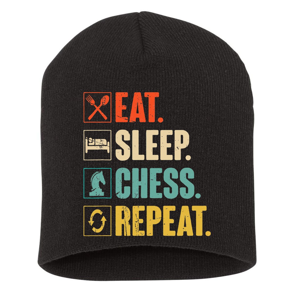Eat Sleep Chess Repeat Funny Retro Vintage Chess Gift Short Acrylic Beanie