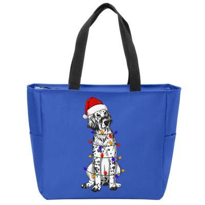 English Setter Dog Christmas Wearing Hat Santa Lights Zip Tote Bag