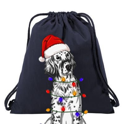 English Setter Dog Christmas Wearing Hat Santa Lights Drawstring Bag