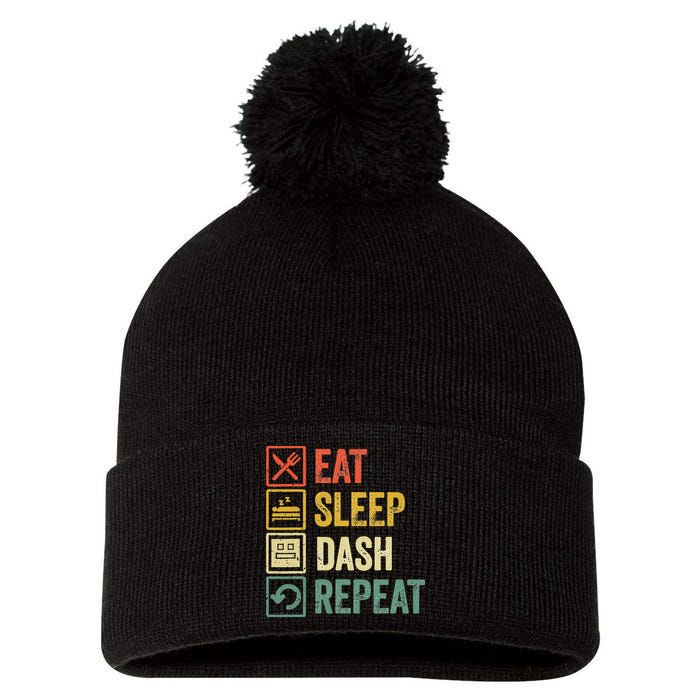 Eat Sleep Dash Repeat Video Game Geometry Pom Pom 12in Knit Beanie