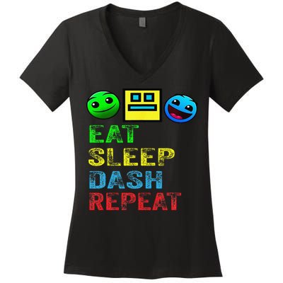 Eat Sleep Dash Repeat Video Game Geometry Video Gamer Gift Women's V-Neck T-Shirt