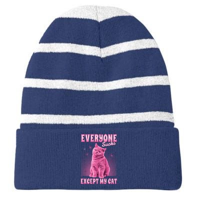 Everyone Sucks Except My Cat Striped Beanie with Solid Band