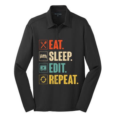 Eat Sleep Edit Repeat Vintage Editing Editor Silk Touch Performance Long Sleeve Polo