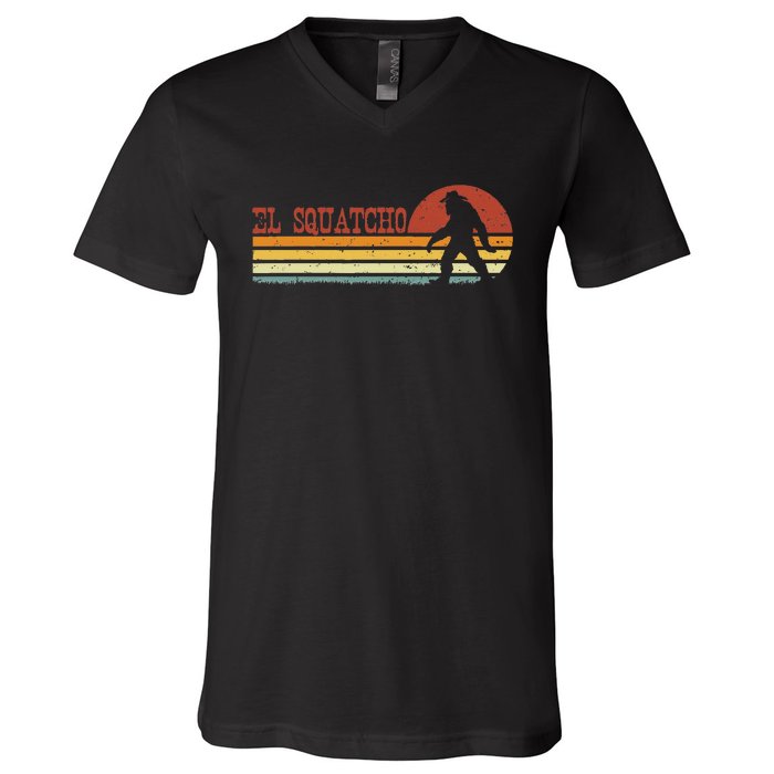 El Squatcho Funny Retro Stripes Bigfoot Cinco De Mayo V-Neck T-Shirt