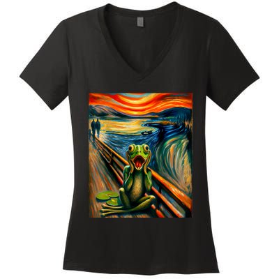 Expressionist Scream For Frog Lovers | Artistic Frog Women's V-Neck T-Shirt